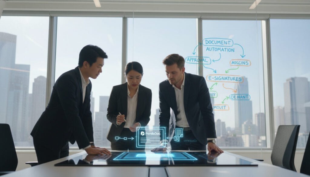 A sleek, modern office environment illustrating a dynamic PandaDoc enterprise document workflow. Foreground features a diverse team of three professionals in business attire, collaborating over digital devices, showcasing an animated proposal on a large screen. Middle ground includes a transparent whiteboard filled with colorful flowcharts and diagrams, demonstrating the efficiency of document automation. Background showcases a city skyline through large windows, with soft, natural daylight illuminating the space, creating a productive atmosphere. Use a wide-angle lens perspective to capture the vibrant interactions, with a focus on clarity and professionalism. The mood should convey innovation and teamwork, emphasizing the seamless integration of technology in enhancing enterprise workflows.