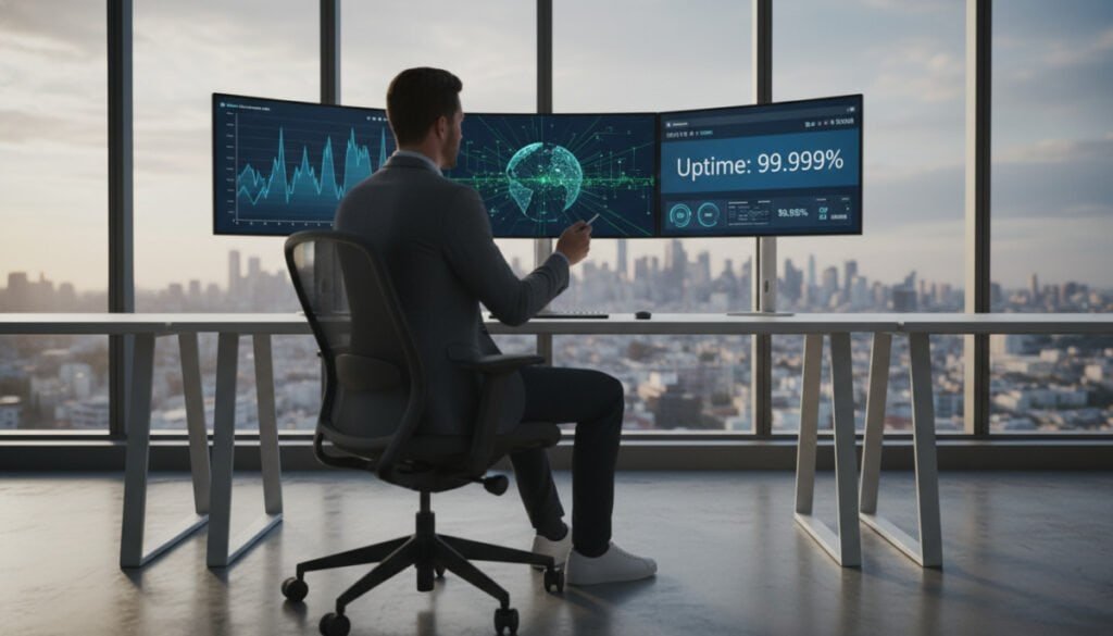 A sleek, modern office environment representing network stability. In the foreground, a high-tech workstation equipped with multiple monitors displaying vibrant graphs and metrics, symbolizing real-time network performance. The middle ground features a professional wearing smart casual attire, intently focused on the screens, analyzing data related to IP stability. The background showcases a large window revealing a cityscape bathed in warm, natural light, suggesting a calm and reliable atmosphere. Soft shadows enhance the space, creating an inviting yet professional mood. The lenses used suggest a slight depth of field, drawing attention to the workstation while softly blurring the background. Overall, the image conveys a sense of security and focus in a high-tech setting, highlighting the importance of network stability.