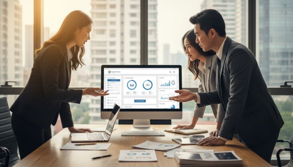 A sleek, modern office environment showcasing a computer screen displaying a user-friendly referral marketing software dashboard. In the foreground, a diverse group of professionals—two women and a man, dressed in smart business attire—engaged in a focused discussion about referral strategies. The middle ground includes a stylish conference table with digital devices and marketing materials spread across it. The background features large windows with a city skyline, bathed in warm, natural light that evokes productivity and innovation. The mood is collaborative and dynamic, emphasizing the importance of specialized tools for SaaS and tech companies in enhancing marketing efforts. The image captures a lively exchange of ideas, illustrating the synergy between technology and teamwork. A sleek, modern office environment showcasing a computer screen displaying a user-friendly referral marketing software dashboard. In the foreground, a diverse group of professionals—two women and a man, dressed in smart business attire—engaged in a focused discussion about referral strategies. The middle ground includes a stylish conference table with digital devices and marketing materials spread across it. The background features large windows with a city skyline, bathed in warm, natural light that evokes productivity and innovation. The mood is collaborative and dynamic, emphasizing the importance of specialized tools for SaaS and tech companies in enhancing marketing efforts. The image captures a lively exchange of ideas, illustrating the synergy between technology and teamwork.