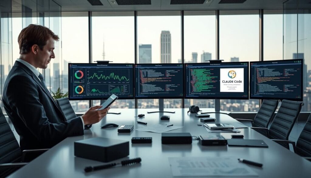 A sleek, modern office environment showcasing multiple computer screens displaying performance benchmarks for Claude Code and GitHub Copilot side by side. In the foreground, a professional person in business attire examines the metrics on a tablet, with a look of concentration. The screens should display graphs, charts, and code snippets, emphasizing real-world accuracy and performance metrics. The middle ground features a stylish conference table with technical gadgets and research papers scattered about, reflecting a collaborative workspace. In the background, large windows reveal a city skyline under soft, natural lighting, creating a focused yet innovative atmosphere. The overall mood should be one of progression and technological advancement, with a subtle depth of field to emphasize the subject matter without distractions.