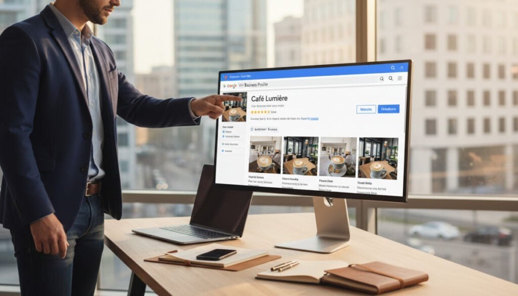 A sleek, modern office setting showcasing a vibrant Google Business Profile on a desktop computer screen. In the foreground, a well-organized workspace features a laptop, smartphone, and notes, all reflecting an entrepreneurial spirit. The middle ground highlights the computer screen, displaying the Google Business Profile interface with vivid colors, showcasing business information, reviews, and images of a local café. A professional individual in smart casual attire, looking engaged and focused, stands beside the desk, pointing to the screen, embodying the process of managing the profile. In the background, a soft-focus view of an urban landscape through the window, bathed in warm afternoon sunlight, creates an inviting and optimistic atmosphere. Ensure the lighting is bright yet soft, emphasizing clarity and professionalism in the scene.