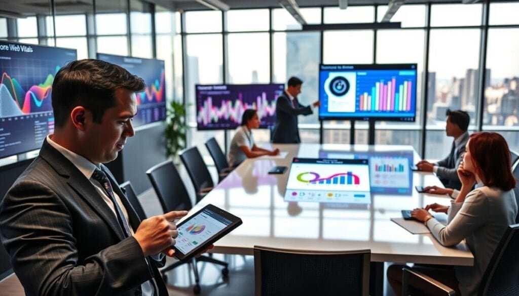 A sleek, modern office space filled with digital screens displaying colorful graphs and metrics related to Core Web Vitals assessment. In the foreground, a professional with a focused expression analyzes data on a tablet, dressed in business attire. In the middle ground, other team members discuss strategies around a large conference table, with one pointing at a vibrant infographic on a presentation screen highlighting technical SEO metrics. The background features floor-to-ceiling windows showcasing a city skyline, subtly illuminated by natural light, creating a bright, collaborative atmosphere. The image conveys a mood of innovation and teamwork, emphasizing the integration of technology in SEO strategies. The lens captures the scene from a slightly elevated angle, adding depth to the professional environment. A sleek, modern office space filled with digital screens displaying colorful graphs and metrics related to Core Web Vitals assessment. In the foreground, a professional with a focused expression analyzes data on a tablet, dressed in business attire. In the middle ground, other team members discuss strategies around a large conference table, with one pointing at a vibrant infographic on a presentation screen highlighting technical SEO metrics. The background features floor-to-ceiling windows showcasing a city skyline, subtly illuminated by natural light, creating a bright, collaborative atmosphere. The image conveys a mood of innovation and teamwork, emphasizing the integration of technology in SEO strategies. The lens captures the scene from a slightly elevated angle, adding depth to the professional environment.