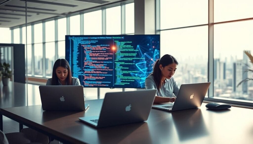 A sleek, modern office space is depicted in the foreground, showcasing a diverse group of three professionals, focused on their laptops, symbolizing collaboration with Claude. The middle ground features a large digital display screen showcasing flowing code sequences and vibrant visual representations of LSP (Language Server Protocol) transforming their workflow. The background reveals floor-to-ceiling windows with a panoramic cityscape, enhancing the tech-savvy atmosphere. Soft, natural lighting streams in, creating a warm and inviting workspace, while a shallow depth of field places the professionals in sharp focus. The mood is productive and collaborative, emphasizing innovation and efficiency with futuristic elements subtly integrated throughout the scene.