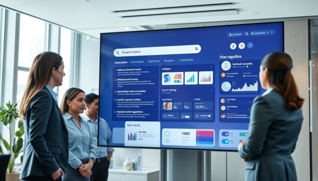A sleek, modern search interface displayed on a high-resolution, futuristic digital screen. In the foreground, a diverse group of professionals, dressed in smart business attire, are engaged in discussion, analyzing search results and user interactions. The middle ground features a sophisticated, user-friendly layout of the search interface, showcasing advanced filtering options, interactive graphs, and dynamic content suggestions. The background consists of a contemporary office space with soft, ambient lighting, creating a collaborative atmosphere. The scene is captured from a slight upward angle, highlighting the technology while maintaining a warm and inviting mood, emphasizing innovation and teamwork in building custom search interfaces.