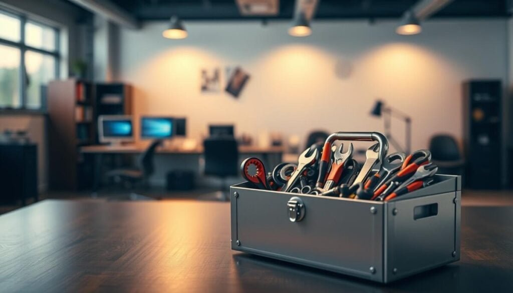 A sleek, modern toolbox agent positioned prominently in the foreground, displaying an array of organized tools like wrenches, screwdrivers, and pliers, meticulously arranged. The toolbox is crafted from shiny metal with vibrant accents, reflecting light. In the middle ground, a blurred workspace shows a minimalist desk with digital devices, symbolizing advanced technology integration. The background features soft, ambient lighting that casts a warm glow, enhancing the professional atmosphere. The scene is shot from a slightly elevated angle, providing a comprehensive view of the toolbox and its surroundings. The mood conveys innovation and productivity, illustrating the essence of leveraging tools for success in a clean, modern environment.