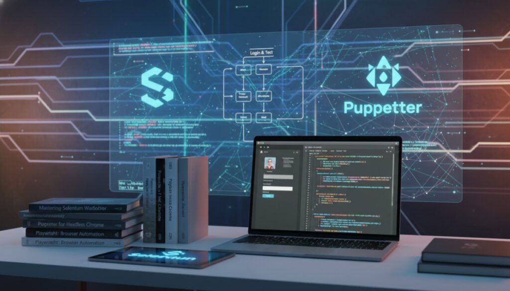 A sleek, modern workspace filled with technological elements representing top open source frameworks for developers. In the foreground, a collection of well-organized books and manuals on popular frameworks like Selenium, Puppeteer, and Playwright. The middle ground features a high-resolution laptop displaying interface designs, snippets of code, and vibrant diagrams showing automation workflows. In the background, abstract representations of code snippets and framework logos seamlessly blend into a futuristic, tech-inspired mural. Soft, dynamic lighting casts a professional atmosphere, giving it an aspirational tone. The scene is shot from a slightly elevated angle to capture the workspace's depth and to highlight the creativity and innovation in browser automation tools. A sleek, modern workspace filled with technological elements representing top open source frameworks for developers. In the foreground, a collection of well-organized books and manuals on popular frameworks like Selenium, Puppeteer, and Playwright. The middle ground features a high-resolution laptop displaying interface designs, snippets of code, and vibrant diagrams showing automation workflows. In the background, abstract representations of code snippets and framework logos seamlessly blend into a futuristic, tech-inspired mural. Soft, dynamic lighting casts a professional atmosphere, giving it an aspirational tone. The scene is shot from a slightly elevated angle to capture the workspace's depth and to highlight the creativity and innovation in browser automation tools.