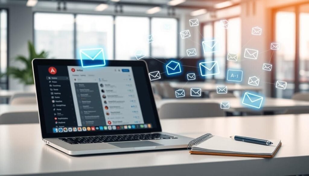 A sleek, modern workspace focused on email management tools. In the foreground, a minimalist desk displays a laptop with an organized inbox open, showcasing various productivity apps. Beside it, an elegant notepad and a pen hint at brainstorming for custom automation solutions. In the middle ground, an array of digital icons representing email automation and productivity tools float gently, interconnected with glowing lines of data flow, illuminated in soft blue and green hues. The background features a contemporary office with large windows letting in natural light, casting a warm glow across the scene. The overall atmosphere is one of focus and productivity, inspiring viewers to think about efficient inbox management and automation. The lighting is bright and inviting, creating a sense of clarity and professionalism.