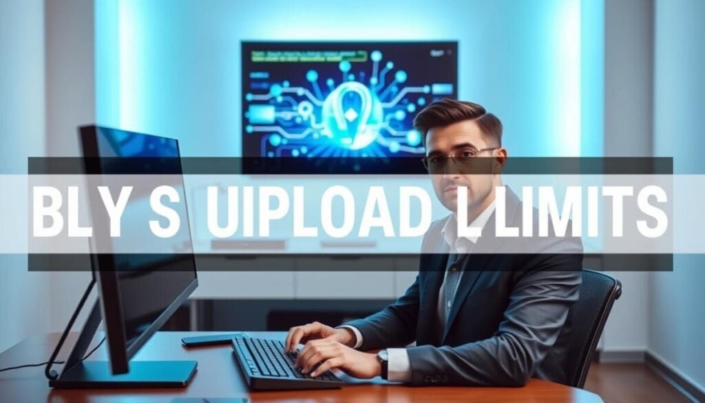 A sleek, modern workspace highlighting the theme of bypassing upload limits. In the foreground, a confident, professional individual in business attire is sitting at a high-tech computer, fingers flying across a keyboard with a look of concentration. The middle layer features a large screen displaying graphical representations of data flow and digital connections, with bright colors symbolizing innovation and freedom. In the background, soft blue and green light illuminates the room, enhancing a sense of creativity and possibility. A few scattered digital devices, like a tablet and smartphone, add to the tech-savvy atmosphere. The overall mood is one of empowerment and determination, suggesting a breakthrough in overcoming restrictions, without any distractions like text or watermarks.