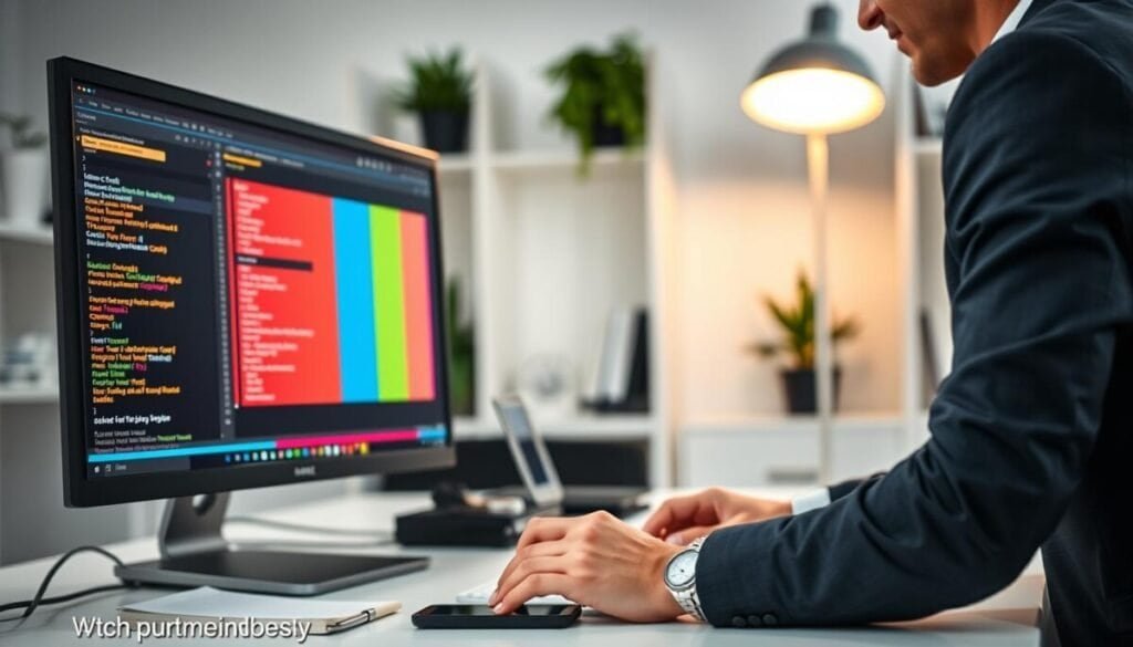 A sleek, modern workspace illustrating a "slash command workflow" for automation. In the foreground, a computer screen displays a vibrant interface with various colorful slash commands and icons. Nearby, a professional individual in business attire attentively interacts with the screen, finger poised over the keyboard, embodying concentration and efficiency. The middle ground features a minimalistic desk with organized tools—such as a notepad, a smartphone, and a stylish pen—evoking a sense of productivity. The background shows soft-focused shelves lined with tech books and plants, enhancing the professional atmosphere. The lighting is bright and inviting, with a warm glow from a desk lamp, creating a balanced, optimistic mood that emphasizes innovation and workflow efficiency.