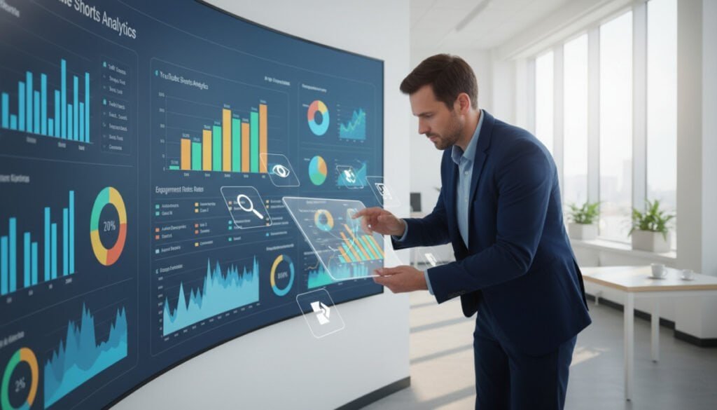 A sleek, modern workspace showcasing a large digital screen displaying colorful analytics graphs and charts related to YouTube Shorts. In the foreground, a well-dressed professional in smart casual attire is closely examining a data visualization, highlighting traffic sources and audience behavior metrics. The middle ground features transparent screens with floating icons representing analytics tools like audience demographics, engagement rates, and viewing patterns. The background consists of a bright, stylish office environment with soft natural lighting filtering through large windows, creating a productive and analytical atmosphere. The overall mood is focused and dynamic, emphasizing the importance of data-driven decisions for content creators. Capture the scene from a slightly elevated angle to give a comprehensive view of the workspace and analytics tools. A sleek, modern workspace showcasing a large digital screen displaying colorful analytics graphs and charts related to YouTube Shorts. In the foreground, a well-dressed professional in smart casual attire is closely examining a data visualization, highlighting traffic sources and audience behavior metrics. The middle ground features transparent screens with floating icons representing analytics tools like audience demographics, engagement rates, and viewing patterns. The background consists of a bright, stylish office environment with soft natural lighting filtering through large windows, creating a productive and analytical atmosphere. The overall mood is focused and dynamic, emphasizing the importance of data-driven decisions for content creators. Capture the scene from a slightly elevated angle to give a comprehensive view of the workspace and analytics tools.