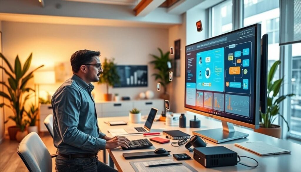 A sleek, modern workspace with a large digital monitor displaying vibrant flowcharts and automation workflows representing n8n’s powerful features. In the foreground, a focused professional in smart casual attire is interacting with the screen, surrounded by floating icons symbolizing integrations and data connections. The middle of the image features a stylish desk cluttered with gadgets, graphs, and notes, highlighting productivity. In the background, a softly lit room with contemporary decor and plants creates an inviting and innovative atmosphere. The lighting is warm, with a slight glow from the screen illuminating the subject's face, emphasizing a mood of creativity and efficiency. Use a wide-angle perspective to capture the full dynamic of the workspace.