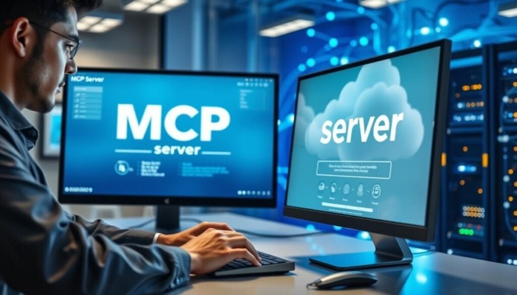 A sleek, modern workstation showcasing a computer monitor displaying a vibrant, interactive user interface for "MCP server". In the foreground, a professional in business attire is intently typing on a keyboard, highlighted by soft, focused lighting that adds a sense of concentration. In the middle ground, a high-tech server rack with blinking lights and network cables, symbolizing connectivity and data flow. The background features a digitally rendered cloud computing environment, abstract blue and white hues representing data streams. The overall atmosphere is innovative and dynamic, accented by a slight glow emanating from the screen, illustrating the cutting-edge technology behind the custom MCP connection URL.