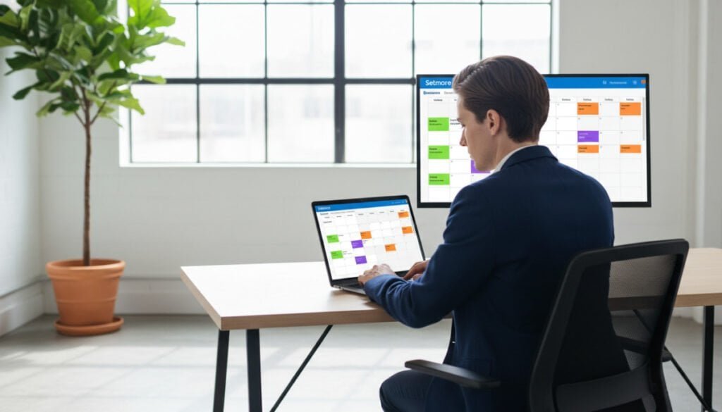A sleek office environment showcasing Setmore scheduling software on a modern computer screen. In the foreground, a well-dressed business professional with short hair, focused and engaged, sits at a stylish desk with a laptop open, displaying the colorful, user-friendly interface of Setmore. In the middle, various appointment slots and calendar views are visible on the screen, emphasizing its functionality. The background features a large window with natural light flooding in, illuminating the room and creating a warm atmosphere. Soft shadows enhance the details, while a potted plant adds a touch of greenery. Overall, the image exudes a sense of productivity and professionalism, perfect for appointment-based businesses. A sleek office environment showcasing Setmore scheduling software on a modern computer screen. In the foreground, a well-dressed business professional with short hair, focused and engaged, sits at a stylish desk with a laptop open, displaying the colorful, user-friendly interface of Setmore. In the middle, various appointment slots and calendar views are visible on the screen, emphasizing its functionality. The background features a large window with natural light flooding in, illuminating the room and creating a warm atmosphere. Soft shadows enhance the details, while a potted plant adds a touch of greenery. Overall, the image exudes a sense of productivity and professionalism, perfect for appointment-based businesses.
