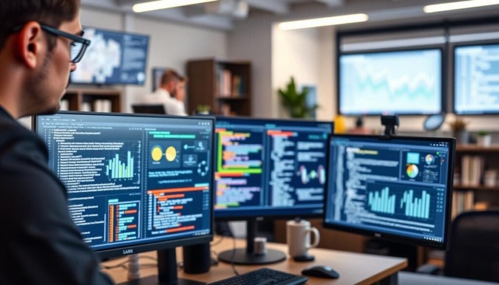 A sophisticated, digital coding environment showcases "Claude Code" on multiple sleek monitors. In the foreground, a focused developer, dressed in professional business attire, highlights key lines of code with a cursor. In the middle, the screens display an array of vibrant, interactive charts, algorithms, and graphical data visualizations, representing a dynamic development workflow. The background is softly blurred, filled with modern office elements like bookshelves and tech gadgets, creating a collaborative atmosphere. Soft, diffused lighting creates a warm, inviting glow, evoking innovation and productivity. Capture the scene with a slightly elevated angle, emphasizing the interplay between the developer and the digital workspace, reflecting a mood of clarity and efficiency in problem-solving.