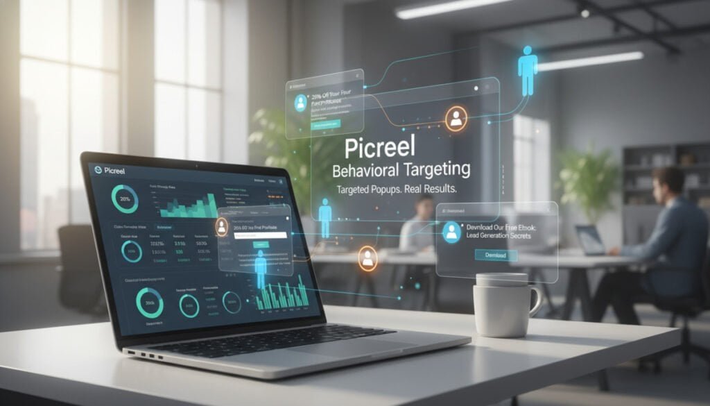 A sophisticated digital marketing interface showcasing "Picreel behavioral targeting" in action. In the foreground, a sleek laptop displays a vibrant dashboard filled with user analytics and behavior indicators, emphasizing targeted popups tailored for lead generation. In the middle, an imaginary outline of users represented by abstract icons interacts with the website, demonstrating their clicking patterns and engagement with popups. The background features an office environment with large windows allowing soft, natural light to illuminate the scene, creating a professional and inviting atmosphere. The camera angle is slightly tilted from above, capturing the dynamic interaction and emphasizing the technology's user-centric design. The mood is innovative and driven, highlighting the effectiveness of behavioral targeting in digital marketing.