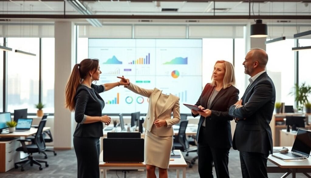 A sophisticated office environment that embodies "iterative marketing systems." In the foreground, a diverse group of three business professionals—two women in elegant business attire and one man in a tailored suit—are actively discussing marketing strategies, pointing at a large digital screen displaying colorful graphs and flowcharts. The middle ground features an open workspace with desks, laptops, and marketing materials, suggesting collaboration and innovation. In the background, large windows let in soft natural light, illuminating the space and creating a welcoming atmosphere. High-tech equipment and modern decor suggest a cutting-edge approach to marketing. The overall mood is focused and productive, capturing the essence of continuous improvement in marketing systems.
