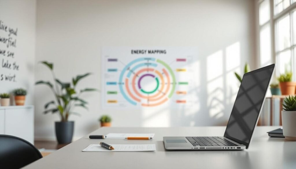 A sophisticated workspace depicting "energy mapping" as a colorful, intricate flowchart. In the foreground, a modern desk with a sleek laptop and note-taking materials is angled towards the viewer. The middle ground features a vibrant, layered diagram illustrating various energy levels, with arrows and color gradients flowing between tasks, representing optimal workflow. The background shows a lightly blurred wall adorned with motivational quotes and green plants, enhancing a productive atmosphere. Soft, natural light filters in from a nearby window, casting gentle shadows and creating a calm, inviting mood. The scene conveys a sense of focused organization and clarity in task management, fitting for a professional environment. A sophisticated workspace depicting "energy mapping" as a colorful, intricate flowchart. In the foreground, a modern desk with a sleek laptop and note-taking materials is angled towards the viewer. The middle ground features a vibrant, layered diagram illustrating various energy levels, with arrows and color gradients flowing between tasks, representing optimal workflow. The background shows a lightly blurred wall adorned with motivational quotes and green plants, enhancing a productive atmosphere. Soft, natural light filters in from a nearby window, casting gentle shadows and creating a calm, inviting mood. The scene conveys a sense of focused organization and clarity in task management, fitting for a professional environment.
