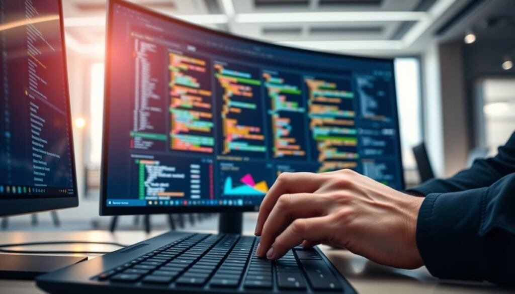 A sophisticated workspace featuring a close-up view of a computer screen displaying a complex code interface, with lines of colorful code signifying high-quality programming. In the foreground, a pair of hands, wearing smart casual attire, are poised above a keyboard, suggesting active engagement with the code. The middle ground shows a digital version control dashboard, highlighting statistics and analytics related to code quality integration. The background features a modern, minimalist office environment with ambient lighting and a large window, letting in natural light, enhancing focus and productivity. The overall mood is one of professionalism and innovation, perfectly capturing the essence of technology and teamwork in software development.