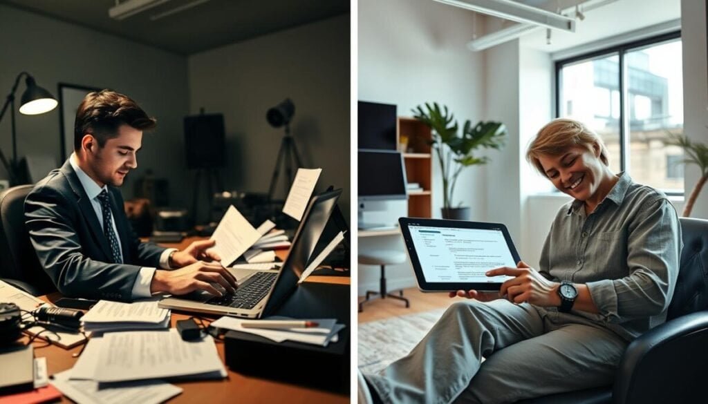 A split-screen image representing a transcription comparison. On the left side, a focused individual dressed in professional business attire sits at a desk cluttered with paper documents, typing on a laptop, surrounded by notes and audio equipment, reflecting the manual workflow. The background features dim lighting from an overhead lamp, creating a serious atmosphere. On the right side, a bright and modern workspace showcases a person casually dressed in modest clothing, relaxed and smiling while interacting with a sleek tablet displaying automated transcription results. The background is well-lit with natural light flooding in through a window, conveying efficiency and ease. Use a wide-angle lens to capture the contrast between the two environments and emphasize the theme of comparison.