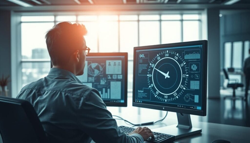 A striking visual representation of balancing specification overhead and speed, featuring a modern digital workspace. In the foreground, a professional-looking individual in business attire is analyzing complex data on dual computer screens, portraying focus and determination. The middle layer presents intricate diagrams and flowcharts displayed on the screens, symbolizing specification overhead, alongside a fast-moving clock or speedometer illustrating the concept of speed. The background features a sleek office environment with large windows allowing natural light to flood the space, creating a sense of clarity and innovation. The overall atmosphere should convey a balance of urgency and meticulousness, with cool tones accentuated by warm highlights to illustrate a harmonious workflow. The image is captured from a slightly elevated angle, adding depth and perspective to the scene. A striking visual representation of balancing specification overhead and speed, featuring a modern digital workspace. In the foreground, a professional-looking individual in business attire is analyzing complex data on dual computer screens, portraying focus and determination. The middle layer presents intricate diagrams and flowcharts displayed on the screens, symbolizing specification overhead, alongside a fast-moving clock or speedometer illustrating the concept of speed. The background features a sleek office environment with large windows allowing natural light to flood the space, creating a sense of clarity and innovation. The overall atmosphere should convey a balance of urgency and meticulousness, with cool tones accentuated by warm highlights to illustrate a harmonious workflow. The image is captured from a slightly elevated angle, adding depth and perspective to the scene.