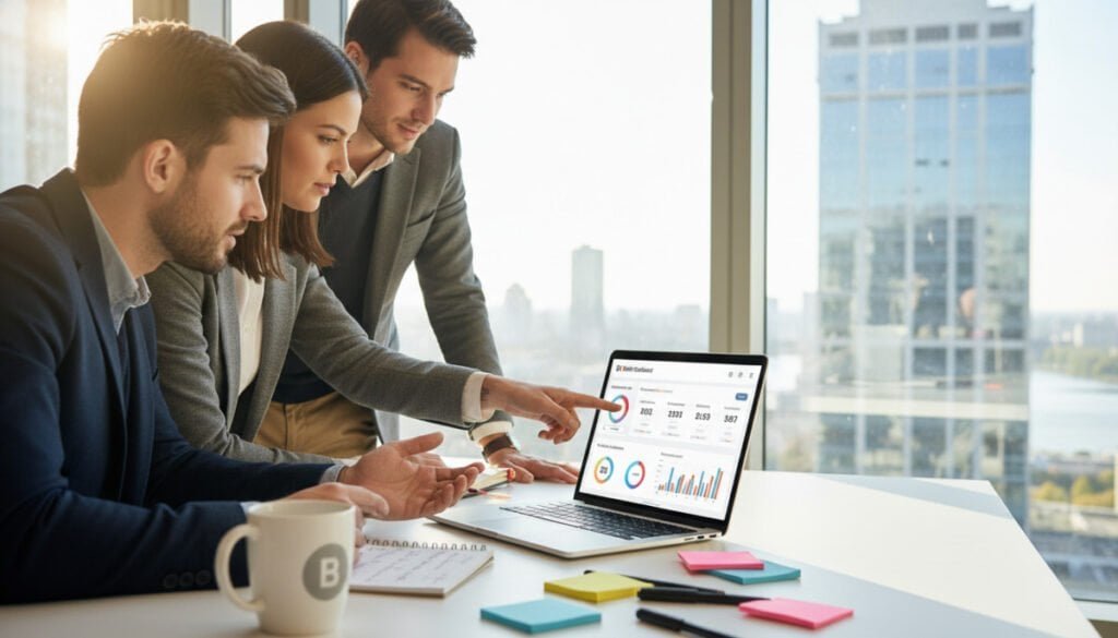 A stylish workspace with a sleek laptop open to a vibrant Buffer dashboard displaying social media analytics. In the foreground, a diverse group of three business professionals in smart casual attire are engaged in a collaborative discussion, pointing to the screen. The middle layer includes elements like a coffee mug, notepad, and colorful stationery scattered across a modern desk. In the background, a large window reveals a bright urban skyline, with soft, natural light filtering in, creating an inviting atmosphere. The overall mood is productive and innovative, reflecting teamwork and efficiency in content management across platforms. The composition should be shot from a slightly elevated angle, emphasizing the focus on the Buffer interface.