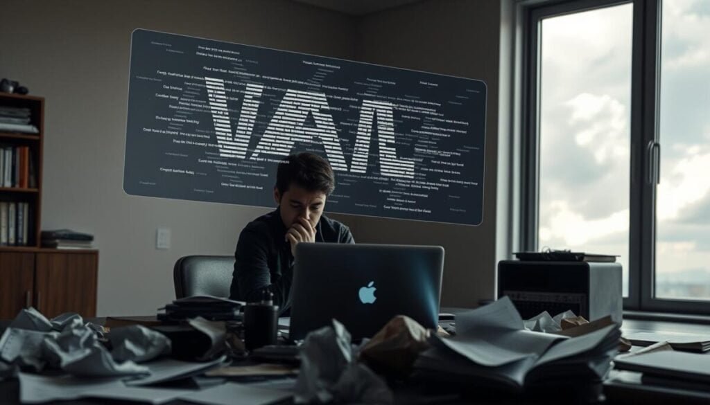 A thought-provoking scene illustrating the limitations of AI assistance. In the foreground, a thoughtful writer sits at a cluttered desk, surrounded by crumpled papers and a glowing laptop, reflecting a sense of frustration. The middle layer features a digital interface with fragmented and glitchy AI-generated text floating above the laptop, symbolizing miscommunication and imperfection. In the background, a large window reveals a cloudy sky, casting soft, diffused light into the room, enhancing the contemplative atmosphere. The overall mood is one of introspection and struggle, emphasizing the challenges faced when relying on AI in creative writing. The composition is framed with a slightly tilted angle to evoke a sense of unease about the limitations being depicted. A thought-provoking scene illustrating the limitations of AI assistance. In the foreground, a thoughtful writer sits at a cluttered desk, surrounded by crumpled papers and a glowing laptop, reflecting a sense of frustration. The middle layer features a digital interface with fragmented and glitchy AI-generated text floating above the laptop, symbolizing miscommunication and imperfection. In the background, a large window reveals a cloudy sky, casting soft, diffused light into the room, enhancing the contemplative atmosphere. The overall mood is one of introspection and struggle, emphasizing the challenges faced when relying on AI in creative writing. The composition is framed with a slightly tilted angle to evoke a sense of unease about the limitations being depicted.