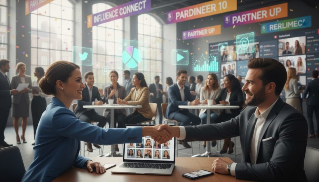 A vibrant and dynamic influencer marketing marketplace scene, showcasing diverse individuals engaged in collaborative discussions. In the foreground, two professionals in business attire shake hands, symbolizing a partnership, while a laptop and smartphone on a nearby table display influencer profiles. In the middle ground, groups of people are seen brainstorming at circular tables, with visual elements like graphs and social media icons projected in the air to highlight digital connection. The background features a modern, bustling market space adorned with colorful banners and digital screens. Soft, natural lighting streams in from large windows, creating a bright, welcoming atmosphere. The mood is energetic and optimistic, signifying the potential for quick collaborations in influencer marketing.