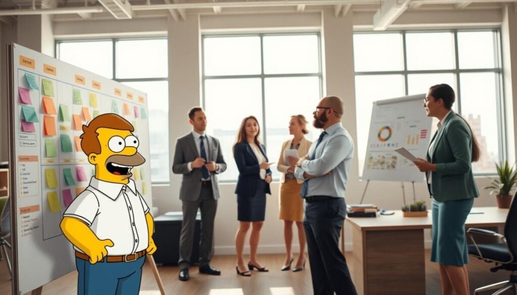 A vibrant and dynamic office scene illustrating the concept of managing complex multi-phase projects. In the foreground, a cheerful Ralph Wiggum stands beside a sophisticated project management board, featuring colorful sticky notes and progressive timelines. In the middle ground, diverse team members in professional business attire are engaged in discussion, pointing to charts and diagrams, showcasing collaboration and brainstorms. The background features large windows with natural light flooding the space, emphasizing a bright and open atmosphere. The overall mood is energetic and focused, capturing the essence of teamwork and organization. The image is shot from a slightly low angle, giving a sense of empowerment and scope, with a warm color palette enhancing the inviting feel of the workspace.