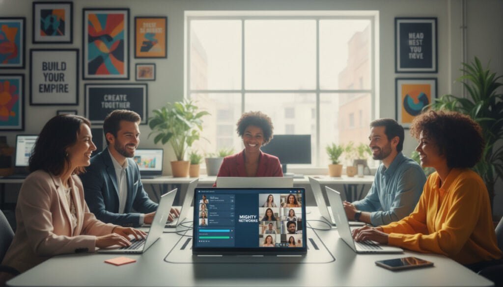 A vibrant and dynamic scene capturing a virtual community meeting on Mighty Networks. In the foreground, a diverse group of five entrepreneurs and creators are engaged in a video call, each in professional business attire or modest casual clothing, displaying expressions of excitement and collaboration. The middle layer features digital screens showcasing interactive community features, such as polls and discussion boards. The background reveals a bright and modern workspace filled with colorful posters and inspirational quotes, suggesting a creative atmosphere. Soft, diffused lighting enhances a warm, welcoming vibe. The image should exhibit a sense of high engagement and collaboration, focusing on human connection and online interaction, with a wide-angle perspective that captures the essence of a thriving digital community. A vibrant and dynamic scene capturing a virtual community meeting on Mighty Networks. In the foreground, a diverse group of five entrepreneurs and creators are engaged in a video call, each in professional business attire or modest casual clothing, displaying expressions of excitement and collaboration. The middle layer features digital screens showcasing interactive community features, such as polls and discussion boards. The background reveals a bright and modern workspace filled with colorful posters and inspirational quotes, suggesting a creative atmosphere. Soft, diffused lighting enhances a warm, welcoming vibe. The image should exhibit a sense of high engagement and collaboration, focusing on human connection and online interaction, with a wide-angle perspective that captures the essence of a thriving digital community.
