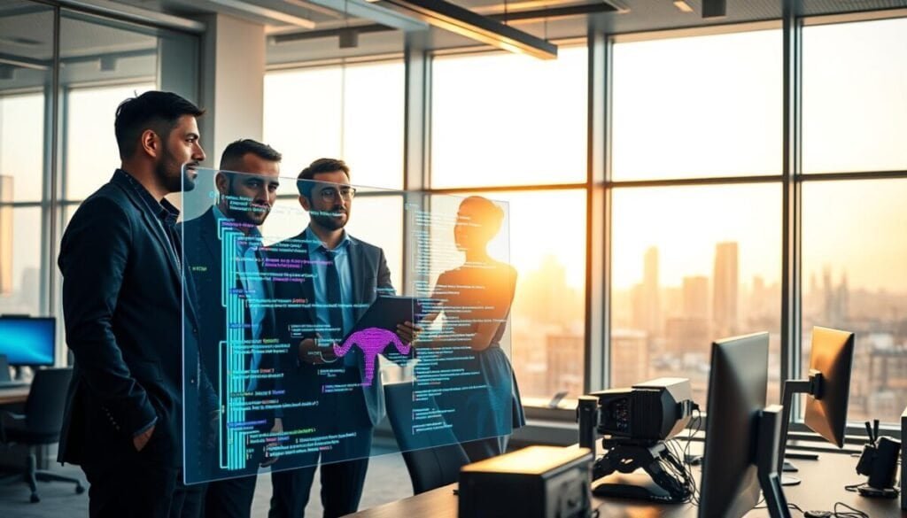 A vibrant and dynamic scene illustrating the concept of "Claude Code," featuring a futuristic office environment. In the foreground, a diverse group of professionals—two men and a woman—are collaborating over a transparent screen displaying colorful digital lines of code and abstract data visualizations, all dressed in smart casual attire. The middle ground showcases sleek, modern technology, including computers and AI devices, hinting at innovation and creativity. In the background, large windows reveal a city skyline bathed in warm afternoon light, casting a soft glow throughout the space. The atmosphere is one of enthusiasm and collaboration, emphasizing growth, learning, and the exciting journey of AI development. A wide-angle perspective enhances the feeling of openness and possibility.