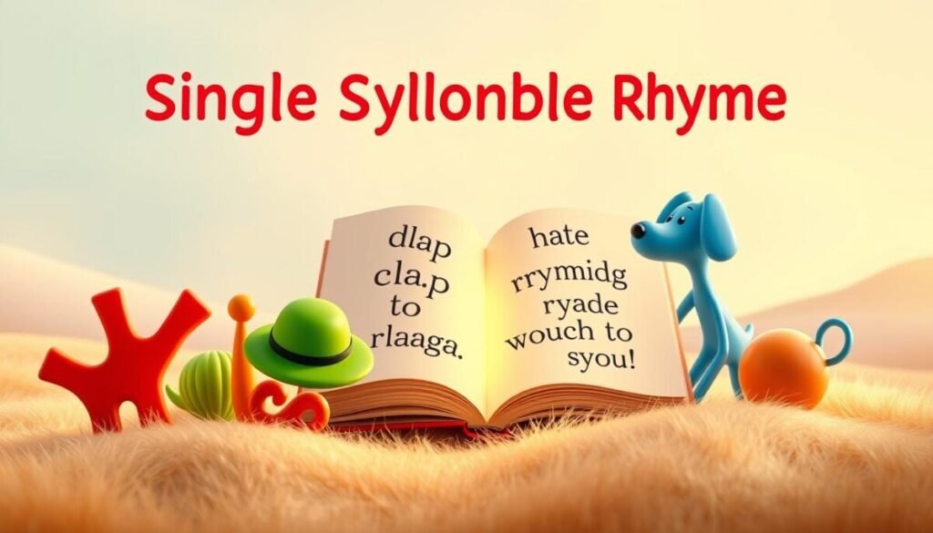 A vibrant and engaging illustration representing the concept of single syllable rhymes. In the foreground, depict a collection of playful, oversized objects that symbolize short words, such as a bright red "clap," a green "hat," and a blue "dog," artistically arranged as if they are bouncing off each other. In the middle ground, show a whimsical, open book with rhyming words on floating pages, glowing softly, inviting the viewer to explore. The background should feature a calm, abstract landscape with soft pastel colors, creating a dreamy atmosphere. Use warm lighting to enhance the cheerful mood, with a slight lens blur on the background to draw focus on the vibrant foreground elements. The overall composition should evoke creativity and fun while maintaining a professional look.