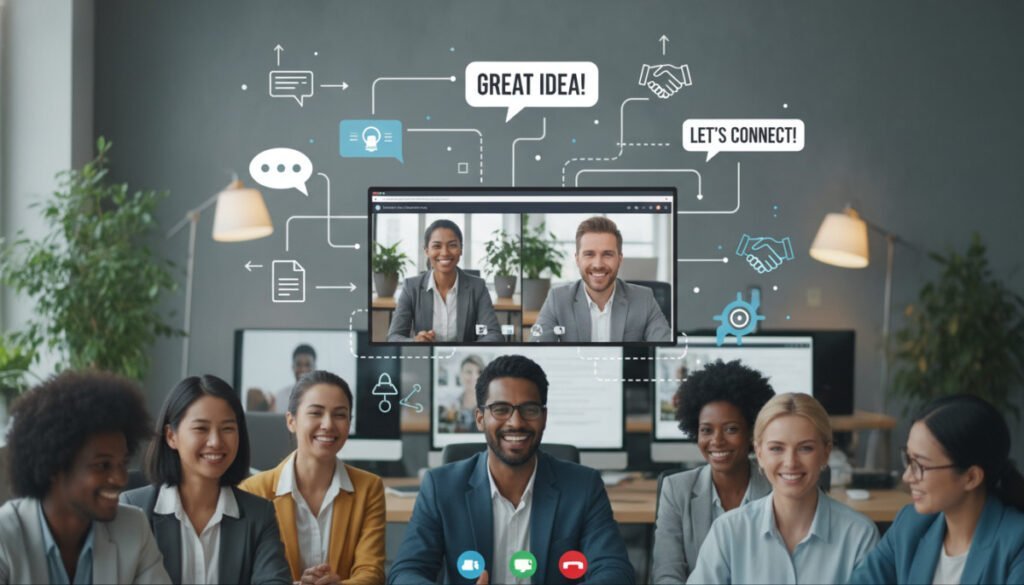A vibrant and engaging online community scene, showcasing a diverse group of professionals in a virtual meeting setting. In the foreground, a diverse group of people in smart casual attire are actively participating in a video call, with expressions of enthusiasm and collaboration. The middle layer features dynamic visual elements, such as digital chat bubbles and icons representing sharing and collaboration, subtly integrated into the scene. In the background, a soft-focus representation of a modern workspace filled with plants, screens displaying community posts and course materials, and warm ambient lighting to create an inviting atmosphere. The overall mood conveys a sense of connection, engagement, and empowerment within a thriving online community learning environment.