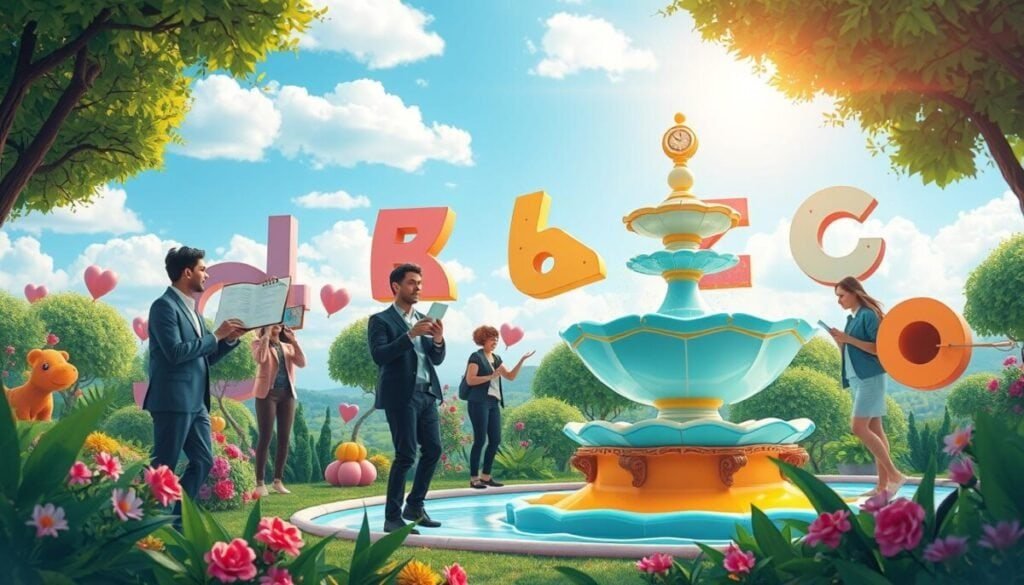 A vibrant and visually engaging illustration of multi-syllable rhymes, featuring a whimsical, colorful landscape filled with oversized, playful phonetic symbols. In the foreground, a large, ornate fountain shaped like a rhyming couplet, surrounded by lush greenery and blooming flowers, symbolizes creative inspiration. In the middle ground, a diverse group of professionals, men and women in smart casual clothing, are engaged in brainstorming sessions, writing rhymes on large notepads and gesturing enthusiastically. The background features a bright blue sky with fluffy clouds, subtly shaped like letters and syllables, creating a dreamy atmosphere. Soft, warm lighting gives the scene a cheerful and inviting mood, with a slight lens flare effect to suggest creativity and imagination flourishing in this rhythmic world.