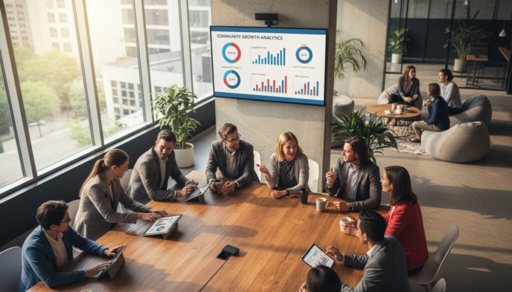 A vibrant community engagement scene set in a modern coworking space, depicting a diverse group of individuals collaborating around a large table. In the foreground, two professionals in business attire enthusiastically analyze data on tablets, while others engage in animated discussions. The middle ground features a large digital screen displaying community metrics and analytics, showcasing charts and graphs. Natural light pours in through floor-to-ceiling windows, creating a warm, inviting atmosphere. In the background, we see a cozy lounge area with comfortable seating, promoting informal conversations. The overall mood is one of energy, collaboration, and focus, perfectly embodying the essence of community investment and growth. The image is sharp and clear, captured from a slight overhead angle to provide a comprehensive view of the interaction. A vibrant community engagement scene set in a modern coworking space, depicting a diverse group of individuals collaborating around a large table. In the foreground, two professionals in business attire enthusiastically analyze data on tablets, while others engage in animated discussions. The middle ground features a large digital screen displaying community metrics and analytics, showcasing charts and graphs. Natural light pours in through floor-to-ceiling windows, creating a warm, inviting atmosphere. In the background, we see a cozy lounge area with comfortable seating, promoting informal conversations. The overall mood is one of energy, collaboration, and focus, perfectly embodying the essence of community investment and growth. The image is sharp and clear, captured from a slight overhead angle to provide a comprehensive view of the interaction.
