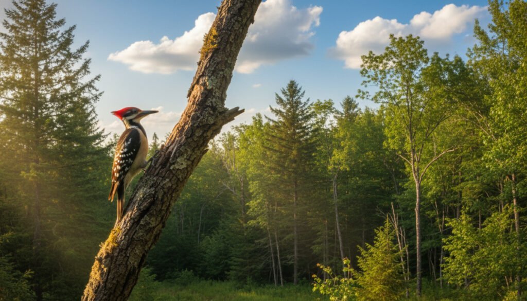 A vibrant, detailed scene depicting a woodpecker perched confidently on a tree branch, symbolizing precision and focus. In the foreground, the woodpecker is shown in vivid colors, with intricate plumage and sharp, focused eyes, actively pecking at the tree. The middle ground features a clear blue sky dotted with fluffy white clouds, enhancing the woodpecker's vibrant colors. In the background, a lush green forest creates a serene yet dynamic atmosphere, emphasizing the natural habitat. The lighting is warm and inviting, with sunlight filtering through the leaves, casting soft shadows on the ground. The overall mood is one of clarity, determination, and readiness, reflecting the concept of deliverability in a professional context.