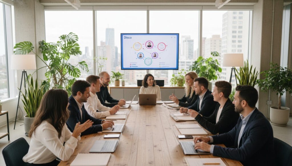 A vibrant, modern office setting showcasing a cohort-based learning session on Disco for enterprise and team learning. In the foreground, a diverse group of professionals, dressed in business casual attire, engages enthusiastically around a sleek conference table, with laptops, tablets, and notebooks in hand. The middle ground features a large screen displaying interactive course materials and a colorful visual representation of the Disco platform. In the background, large windows let in plenty of natural light, illuminating the contemporary office décor and greenery plants that enhance the atmosphere. Soft, ambient lighting creates a collaborative mood, with a focus on teamwork and learning. The image is captured from a wide angle, providing a comprehensive view of the engaging learning environment.