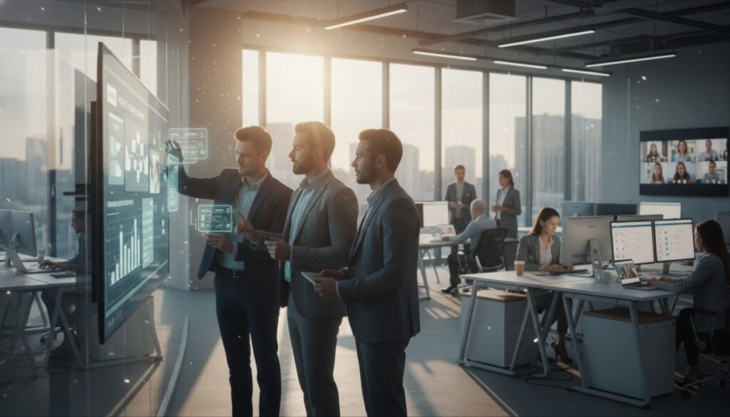 A vibrant office environment showcasing the Bloomfire knowledge base in action. In the foreground, a diverse group of professionals dressed in business attire gathers around a sleek, modern touchscreen display, interacting with dynamic graphs and knowledge articles. In the middle ground, a contemporary workspace filled with transparent glass walls, collaborative areas, and advanced technology, including laptops and tablets. The background features large windows with natural light streaming in, illuminating the space and creating a productive, uplifting atmosphere. The overall mood is one of innovation and teamwork, with soft, warm lighting enhancing the inviting work environment. Shot from a slightly elevated angle to capture the group engagement and the tech elements prominently.