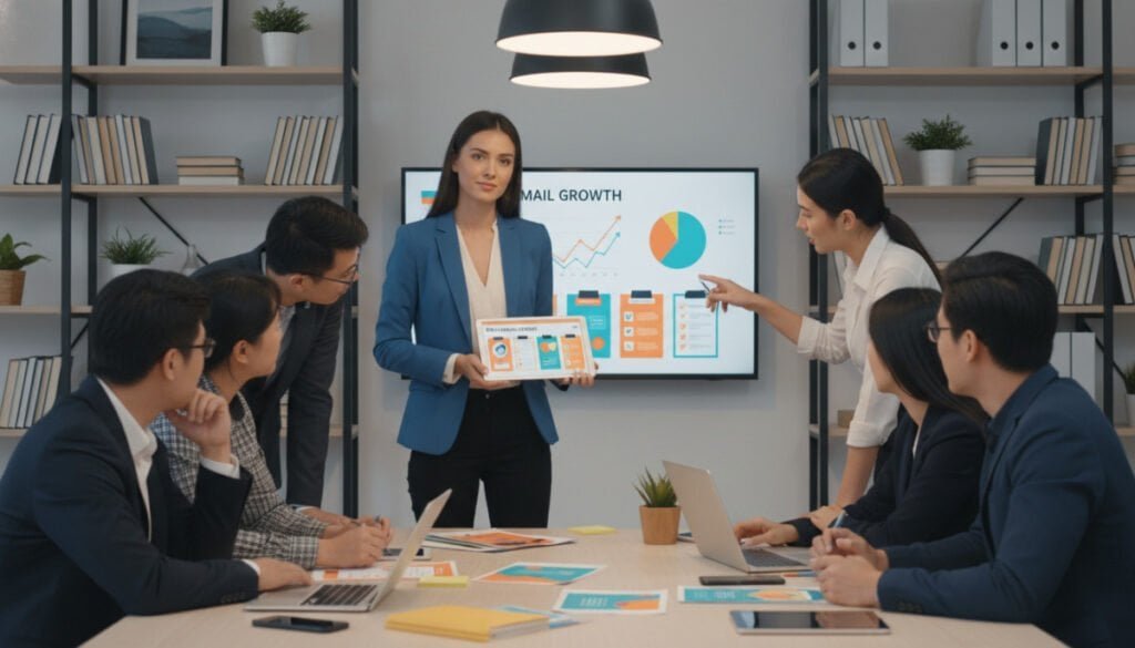 A vibrant office scene focusing on a diverse group of professionals collaborating around a table covered with digital devices and colorful lead magnet assets, like eBooks and checklists. The foreground showcases a confident woman in professional business attire enthusiastically presenting her lead magnet designs on a tablet. In the middle, colleagues of different ethnicities engage in constructive discussions, pointing at a large screen displaying analytics and email growth metrics, illuminated by soft, warm lighting creating a welcoming atmosphere. The background features shelves filled with books and greenery, contributing to a productive environment. The perspective is slightly elevated, capturing the dynamism of the collaboration, evoking a sense of innovation and teamwork in promoting valuable assets.
