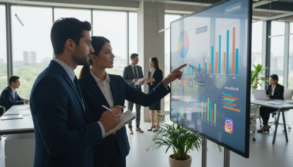 A vibrant office space bustling with activity, showcasing a diverse group of professional individuals engaged in discussions around a large digital screen displaying various social media feeds and brand analytics. Foreground: two individuals in business attire, one pointing at the screen, the other taking notes, both appearing focused and collaborative. Middle: the digital screen filled with colorful graphs, trending hashtags, and social media icons, symbolizing brand monitoring. Background: a well-lit modern office with large windows allowing natural light, greenery visible outside, creating an inviting and productive atmosphere. The overall mood is dynamic and professional, conveying the essence of teamwork and analytical thinking in the realm of social media.