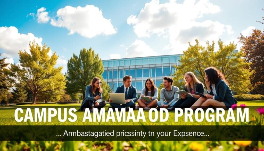 A vibrant university campus scene illustrating a dynamic Campus Ambassador Program. In the foreground, a diverse group of enthusiastic students wearing professional business attire is engaged in a collaborative discussion, exchanging ideas over laptops and notebooks. They sit on a grassy area, surrounded by trees and colorful flowers. The middle ground features a modern academic building with large windows, symbolizing innovation and opportunity. In the background, bright blue skies with fluffy white clouds convey a sense of openness and potential. The image is illuminated by warm, natural sunlight, casting soft shadows that create an inviting atmosphere. The angle captures the excitement and sense of community among the students as they embark on their ambassadorial journey.