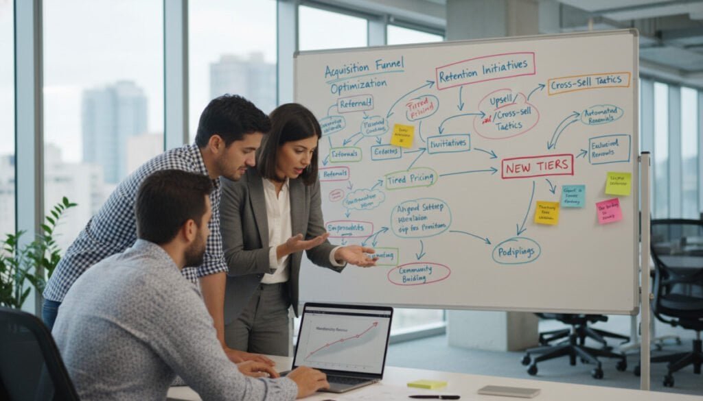 A vibrant workspace scene illustrating strategies for scaling membership revenue. In the foreground, a diverse group of two business professionals—one man and one woman, both dressed in smart casual attire—are engaged in deep discussion over a laptop, analyzing a chart displaying revenue growth. In the middle, a large whiteboard filled with colorful diagrams and sticky notes outlining various strategies for increasing membership. The background showcases a modern office environment with large windows letting in natural light, creating an uplifting atmosphere. The mood is collaborative and focused, reflecting the excitement of growth and innovation. The overall composition should emphasize clarity and a sense of urgency in achieving financial success without any distractions or unrelated elements. A vibrant workspace scene illustrating strategies for scaling membership revenue. In the foreground, a diverse group of two business professionals—one man and one woman, both dressed in smart casual attire—are engaged in deep discussion over a laptop, analyzing a chart displaying revenue growth. In the middle, a large whiteboard filled with colorful diagrams and sticky notes outlining various strategies for increasing membership. The background showcases a modern office environment with large windows letting in natural light, creating an uplifting atmosphere. The mood is collaborative and focused, reflecting the excitement of growth and innovation. The overall composition should emphasize clarity and a sense of urgency in achieving financial success without any distractions or unrelated elements.