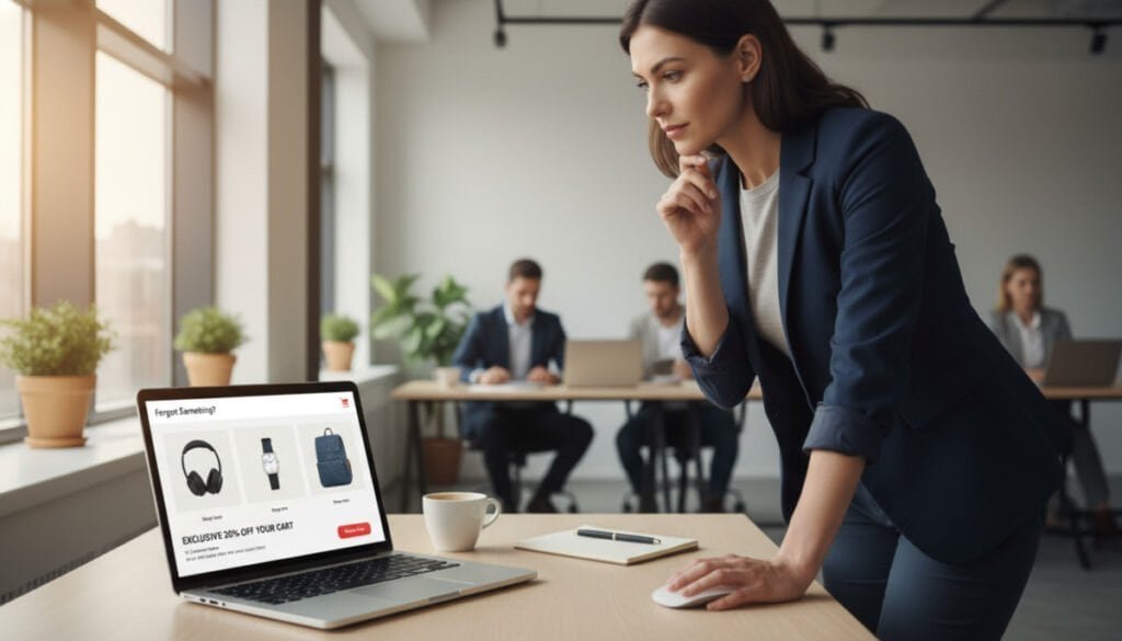 A visually appealing depiction of a customer-centric cart email, set in a modern office environment. In the foreground, a sleek laptop shows an open email interface featuring attractive product images and personalized recommendations. The email design highlights key elements like product images, a shopping cart icon, and discount offers, all arranged in an inviting layout. In the middle ground, a casual yet professional individual, dressed in smart business attire, is intently analyzing the email on the laptop, conveying focus and engagement. The background showcases a bright, airy office with soft natural lighting filtering through large windows, creating an optimistic atmosphere. The overall mood is friendly and inviting, emphasizing a proactive approach to customer engagement. A visually appealing depiction of a customer-centric cart email, set in a modern office environment. In the foreground, a sleek laptop shows an open email interface featuring attractive product images and personalized recommendations. The email design highlights key elements like product images, a shopping cart icon, and discount offers, all arranged in an inviting layout. In the middle ground, a casual yet professional individual, dressed in smart business attire, is intently analyzing the email on the laptop, conveying focus and engagement. The background showcases a bright, airy office with soft natural lighting filtering through large windows, creating an optimistic atmosphere. The overall mood is friendly and inviting, emphasizing a proactive approach to customer engagement.