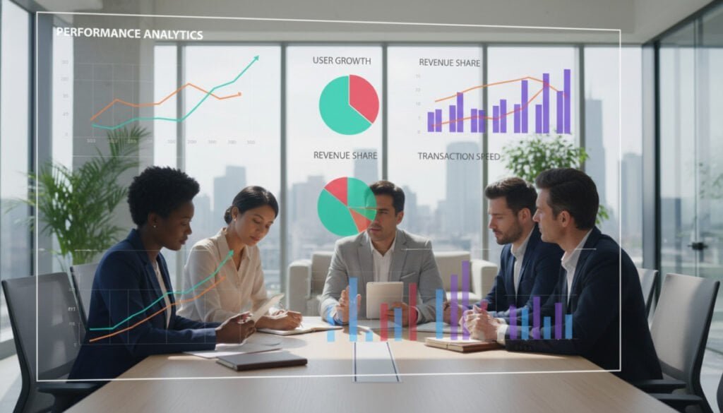 A visually appealing representation of scalability and performance metrics in a modern office setting. In the foreground, a sleek, transparent digital dashboard displays colorful graphs and charts depicting growth metrics and analytics in a high-tech, interactive design. In the middle ground, a diverse team of professionals in business attire, including a Black woman reviewing data on a tablet, a Hispanic man pointing at performance graphs, and a South Asian woman taking notes, collaborate around a large conference table. The background features a bright, airy office space with large windows illuminating the room with natural light. The atmosphere is energetic and focused, evoking a sense of strategic planning and innovation. The image should capture a sense of teamwork and modern technology.