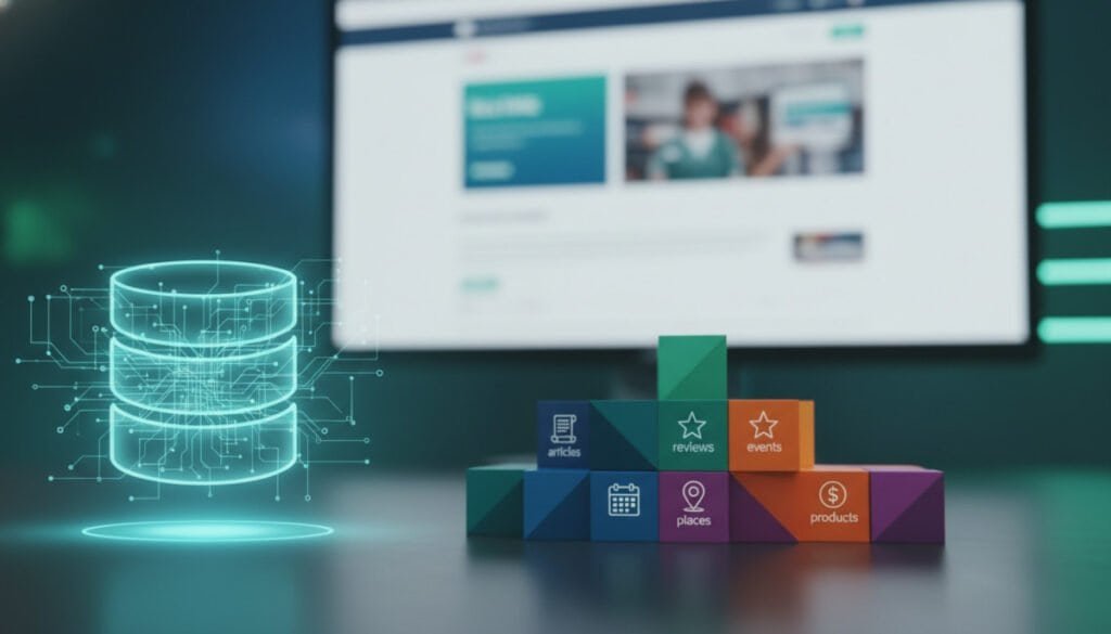 A visually engaging and organized representation of structured data, featuring a digital landscape. In the foreground, a large, semi-transparent database icon glows with intricate nodes and connections, symbolizing schema markup. The middle ground showcases a variety of colorful and neatly arranged data blocks, each labeled with icons representing different data types like articles, reviews, and events. The background features a softly blurred view of a sleek, modern website interface, illuminated by soft blue and green lighting to convey a tech-savvy atmosphere. The overall mood is professional and inviting, suggesting reliability and organization. A shallow depth of field highlights the foreground elements while maintaining clarity in the background. A visually engaging and organized representation of structured data, featuring a digital landscape. In the foreground, a large, semi-transparent database icon glows with intricate nodes and connections, symbolizing schema markup. The middle ground showcases a variety of colorful and neatly arranged data blocks, each labeled with icons representing different data types like articles, reviews, and events. The background features a softly blurred view of a sleek, modern website interface, illuminated by soft blue and green lighting to convey a tech-savvy atmosphere. The overall mood is professional and inviting, suggesting reliability and organization. A shallow depth of field highlights the foreground elements while maintaining clarity in the background.