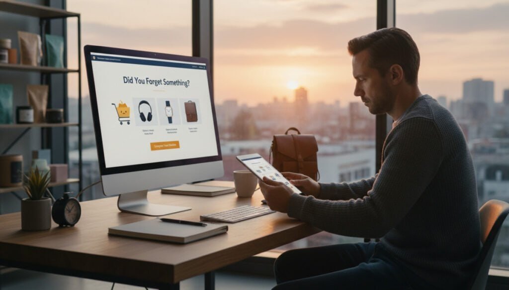 A visually engaging and professional workspace scene focusing on "abandoned cart emails." In the foreground, a sleek computer screen displays a beautifully designed email template for an abandoned cart reminder, showcasing elegant fonts and appealing product images. In the middle ground, a person dressed in smart casual attire is thoughtfully reviewing their email marketing strategy, their expression reflecting focus and determination. In the background, warm ambient lighting creates a cozy atmosphere, with shelves of colorful e-commerce products and a window revealing a sunrise, symbolizing new opportunities. The overall mood is one of productivity and strategic thinking, ideal for mastering timing and frequency in email sequences, captured from a slightly elevated angle for a dynamic view. A visually engaging and professional workspace scene focusing on "abandoned cart emails." In the foreground, a sleek computer screen displays a beautifully designed email template for an abandoned cart reminder, showcasing elegant fonts and appealing product images. In the middle ground, a person dressed in smart casual attire is thoughtfully reviewing their email marketing strategy, their expression reflecting focus and determination. In the background, warm ambient lighting creates a cozy atmosphere, with shelves of colorful e-commerce products and a window revealing a sunrise, symbolizing new opportunities. The overall mood is one of productivity and strategic thinking, ideal for mastering timing and frequency in email sequences, captured from a slightly elevated angle for a dynamic view.