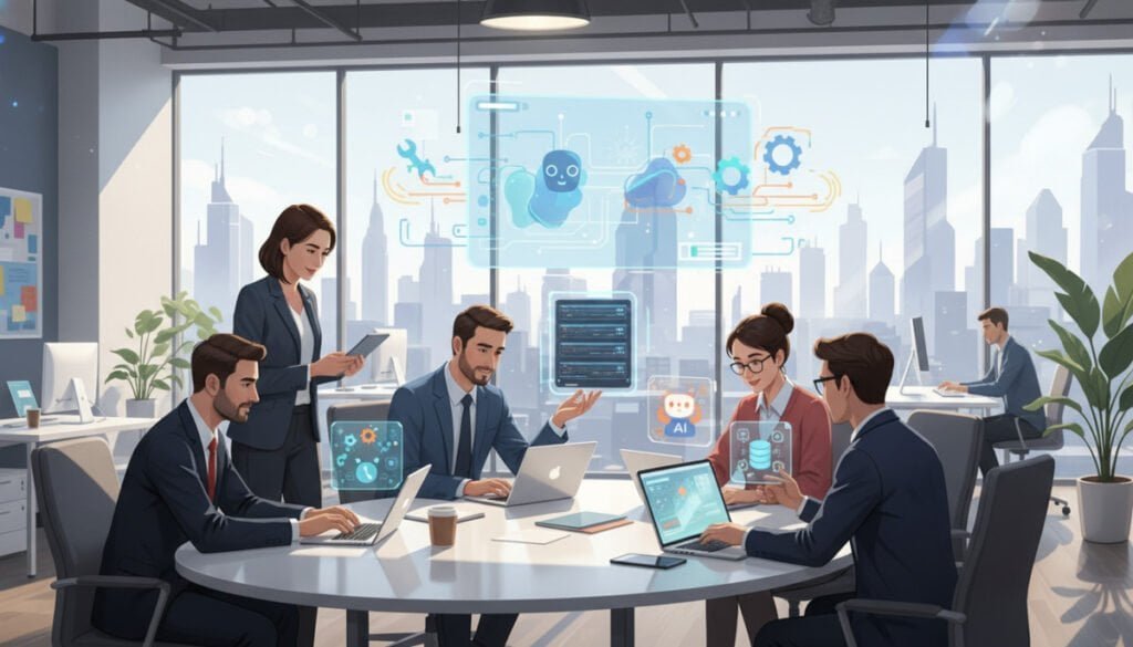 A visually engaging illustration depicting "no code workflows" in a modern tech environment. In the foreground, a diverse group of professionals in smart casual clothing collaborate around a sleek conference table, using laptops and tablets displaying flowcharts and visually appealing icons representing automation processes. In the middle ground, a futuristic dashboard showcases colorful visual representations of data flows and AI agents, surrounded by digital elements like gears and flow arrows. The background features a bright, open office space with large windows, allowing natural light to illuminate the scene, creating an energetic and innovative atmosphere. The composition should feel dynamic and inspiring, emphasizing collaboration and the power of automation without any text or overlays. A visually engaging illustration depicting "no code workflows" in a modern tech environment. In the foreground, a diverse group of professionals in smart casual clothing collaborate around a sleek conference table, using laptops and tablets displaying flowcharts and visually appealing icons representing automation processes. In the middle ground, a futuristic dashboard showcases colorful visual representations of data flows and AI agents, surrounded by digital elements like gears and flow arrows. The background features a bright, open office space with large windows, allowing natural light to illuminate the scene, creating an energetic and innovative atmosphere. The composition should feel dynamic and inspiring, emphasizing collaboration and the power of automation without any text or overlays.