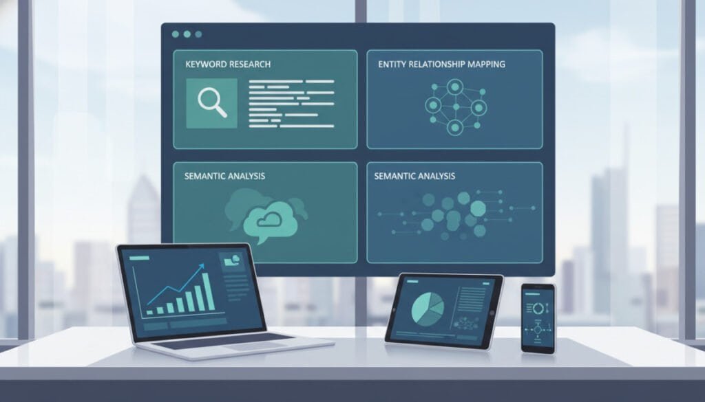 A visually engaging illustration featuring a modern workspace dedicated to Entity SEO Tools. In the foreground, a sleek, organized desk displays various high-tech devices, such as a laptop, tablet, and smartphone, all depicting graphs and analytics related to SEO. The middle ground contains a large digital screen showcasing categorized charts and icons representing different SEO tools, such as keyword research, entity relationship mapping, and semantic analysis tools. The background features a subtle cityscape through glass windows, with natural light pouring in, creating a warm, professional atmosphere. The color palette should incorporate cool blues and greens to evoke a sense of trustworthiness and innovation. The scene is shot from a slightly elevated angle, highlighting the modernity and functionality of the workspace. A visually engaging illustration featuring a modern workspace dedicated to Entity SEO Tools. In the foreground, a sleek, organized desk displays various high-tech devices, such as a laptop, tablet, and smartphone, all depicting graphs and analytics related to SEO. The middle ground contains a large digital screen showcasing categorized charts and icons representing different SEO tools, such as keyword research, entity relationship mapping, and semantic analysis tools. The background features a subtle cityscape through glass windows, with natural light pouring in, creating a warm, professional atmosphere. The color palette should incorporate cool blues and greens to evoke a sense of trustworthiness and innovation. The scene is shot from a slightly elevated angle, highlighting the modernity and functionality of the workspace.