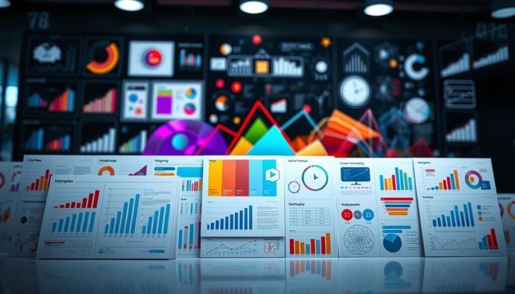 A visually engaging infographic showcasing various styles of infographics and visual assets. In the foreground, detailed illustrations of professional charts, graphs, and icons representing data analysis, marketing strategies, and user engagement. In the middle ground, a vibrant representation of color palettes and design elements, conveying creativity and professionalism. In the background, abstract shapes and lines creating a dynamic, layered effect, suggesting a tech-savvy atmosphere. The lighting is bright and modern, emphasizing clarity and detail, with a clean and organized layout. The overall mood is inspiring and informative, aimed at conveying the power of effective visual communication in a professional setting, without any text or distractions.