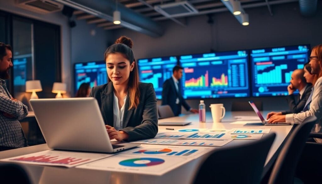 A visually engaging office scene depicting a diverse group of professionals collaborating on optimizing file usage. In the foreground, a focused young woman in business attire is analyzing data on a sleek laptop, her expression thoughtful. The middle ground features a modern conference table with colorful charts and graphs spread out, showing a well-structured plan for maximizing uploads. In the background, wall screens display digital file statistics and progress bars, illuminated by warm, ambient lighting. The atmosphere is energetic yet professional, conveying a sense of teamwork and productivity. The overall composition is framed with a slight depth of field, emphasizing the woman in focus while softly blurring the elements behind her, creating an inviting and motivational environment.