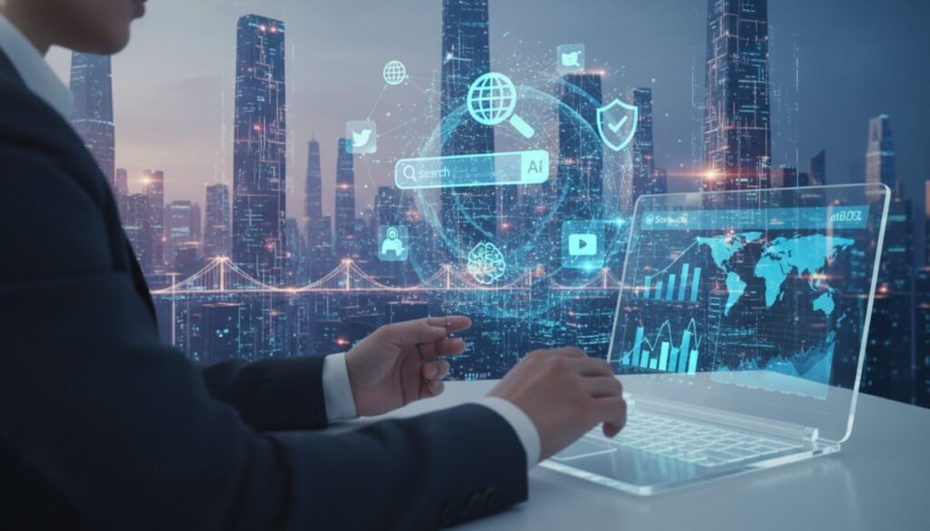 A visually engaging representation of "brand monitoring AI search visibility," featuring a futuristic digital landscape. In the foreground, a sleek, modern laptop displays dynamic graphs and analytics, symbolizing search data and performance metrics, while a professional working in business attire interacts with the screen. In the middle ground, floating holographic elements depict various digital marketing tools and platforms, with icons like magnifying glasses and search bars. The background features a digital city skyline illuminated by soft, ambient lighting, showcasing advanced technology. The overall atmosphere conveys innovation and collaboration in a professional setting, with a focus on AI-driven insights. Use a high-resolution perspective with a slight tilt to emphasize depth, creating a captivating visual narrative without any text or overlays.